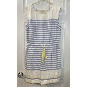 LOFT Blue White Yellow Striped Sheath Dress Sleeveless Linen Rayon Size 12